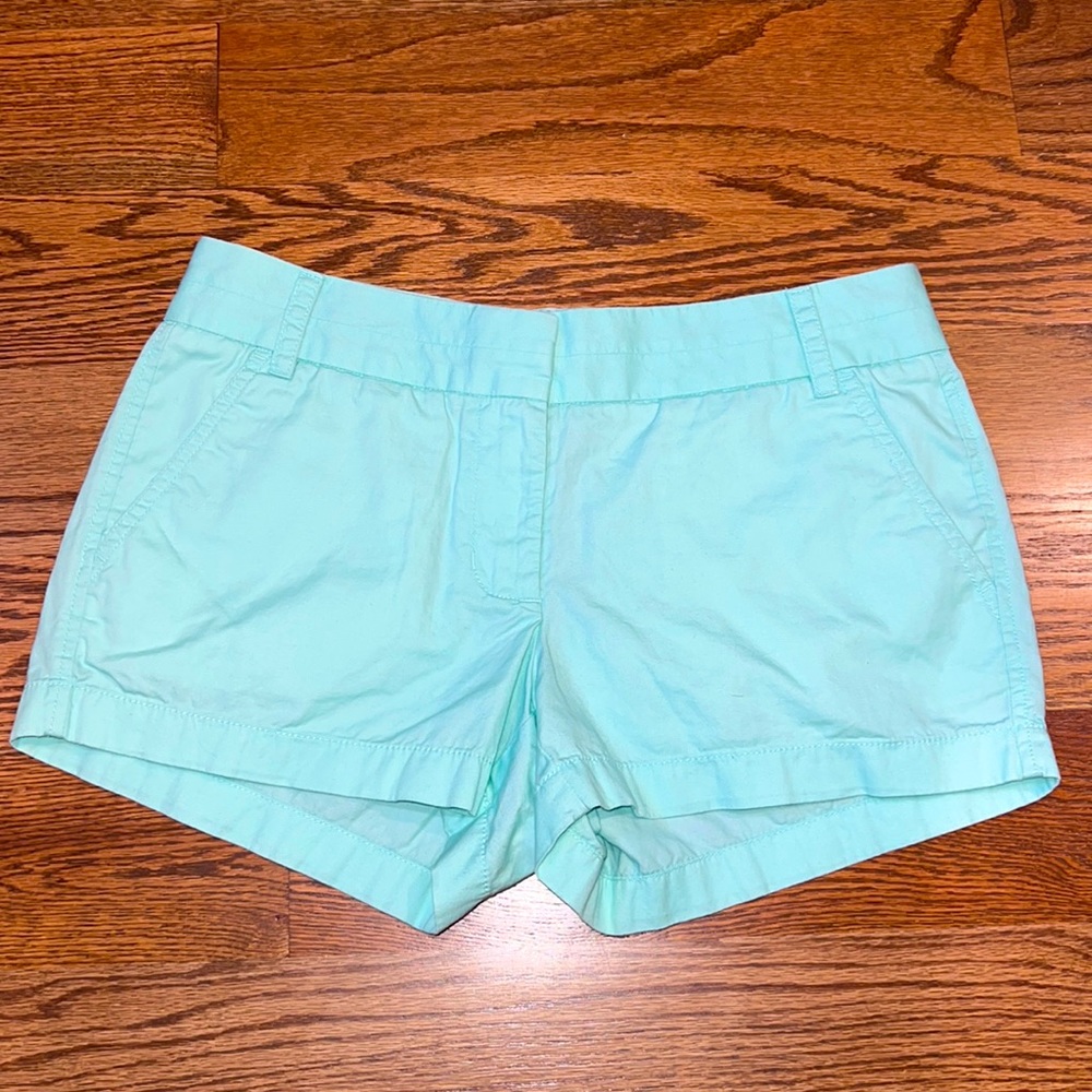 J. Crew Broken-In chino shorts, 3”, sea foam, size 4, excellent condition.